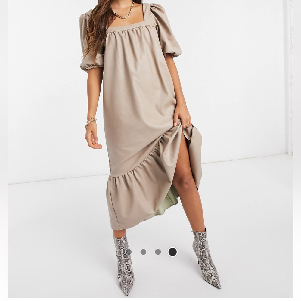 ASOS Design Leather Look Square Neck Midi Dress with Peplum Hem